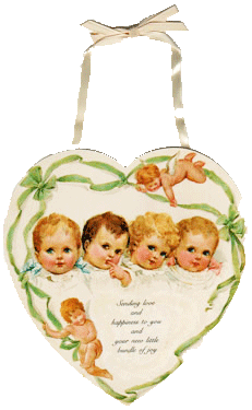Babies in Heart Greeting on a Ribbon