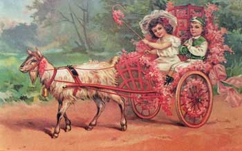 Girls in Pink Flower Cart Postcard