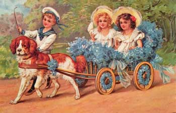Girls in Blue Flower Cart Postcard