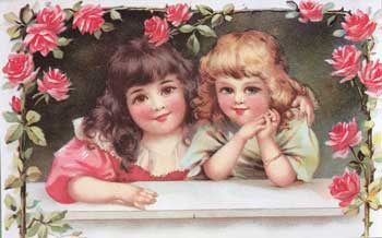 Victorian Girls Roses Postcard